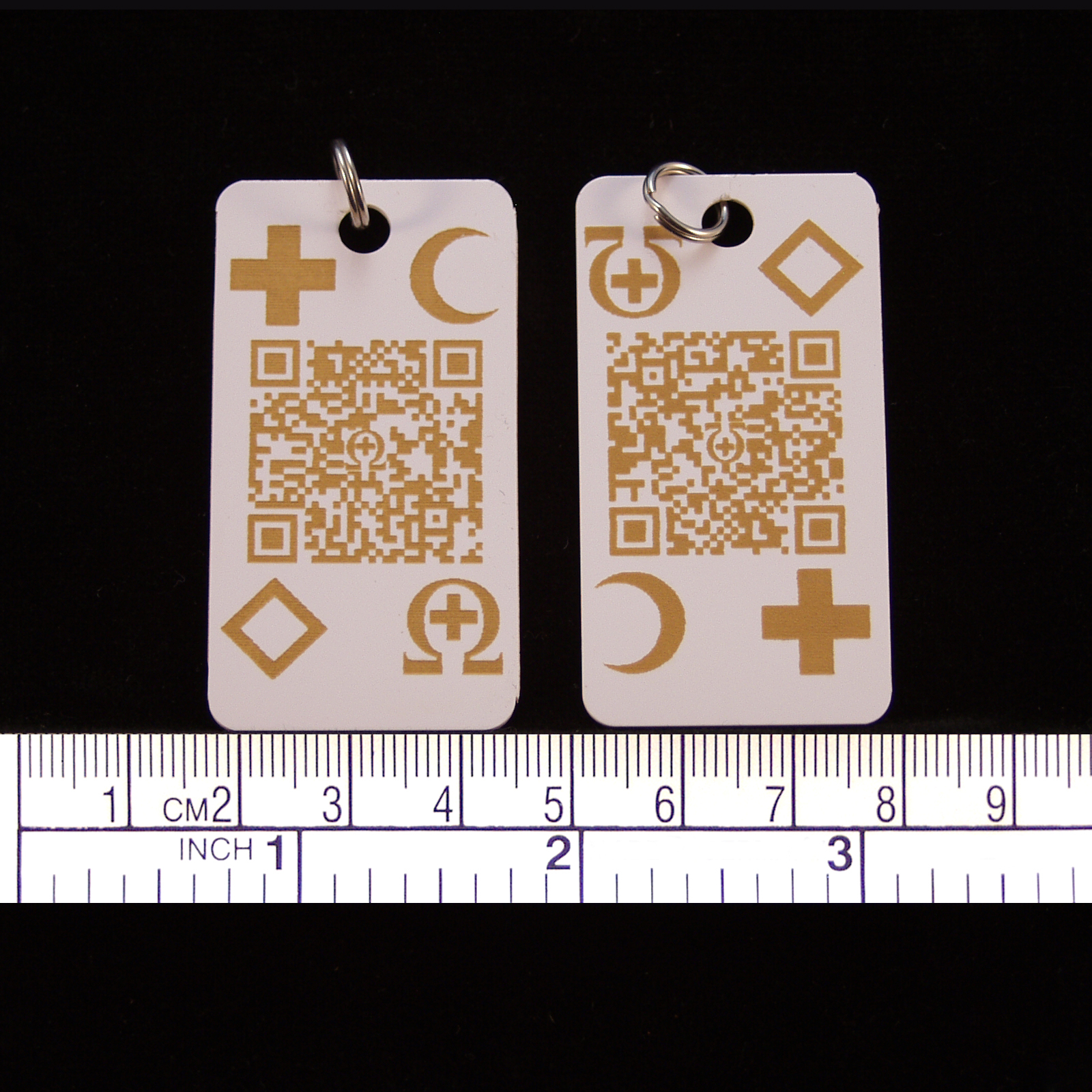 Kunststoff Anhänger "Chip" (54x29mm) mit Ihrem dynamischen Grappt-Notfall-QR-Code und internationalen Notfallemblemen